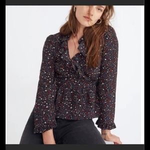 Madewell Silk Ruffle-Hem Wrap Top in Starry Night sz. XXS Colorful stars